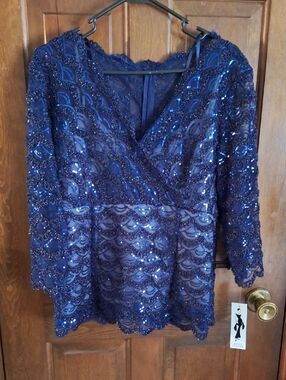 Emma Street Women's Navy Blue Sequin Lace V-Neck Top